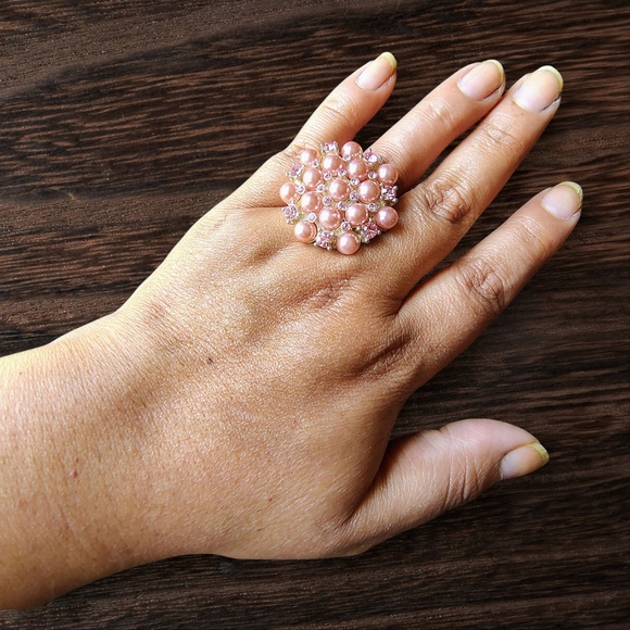90s Vintage  Pink Faux Pearl & Rheinstone Adjustable Ring - Picture 7 of 8